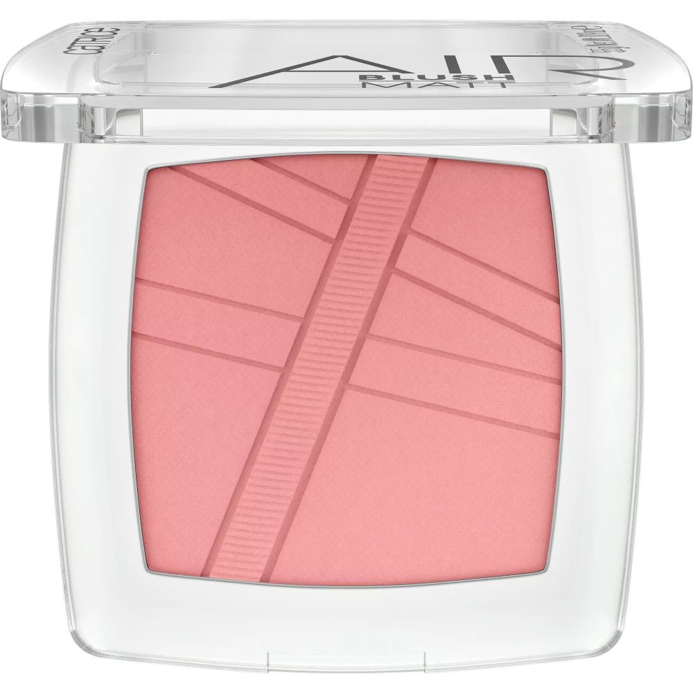 Catrice AirBlush Matte Puder in geöffneter, transparenter Verpackung. Rosa Puder mit diagonalen Linien. Aufschrift: AIR BLUSH MATT.