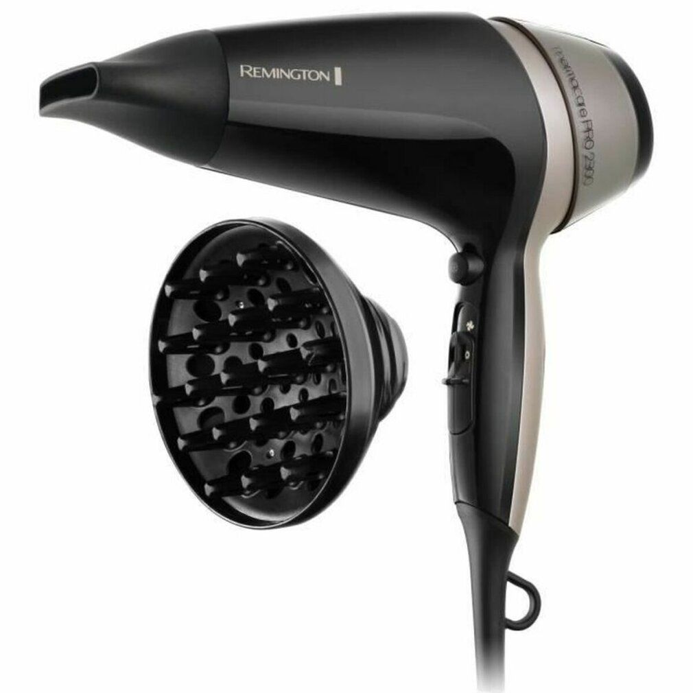 Schwarzer Haartrockner mit Diffusor. Marke Remington. Goldfarbene Akzente. Aufsatz abnehmbar.