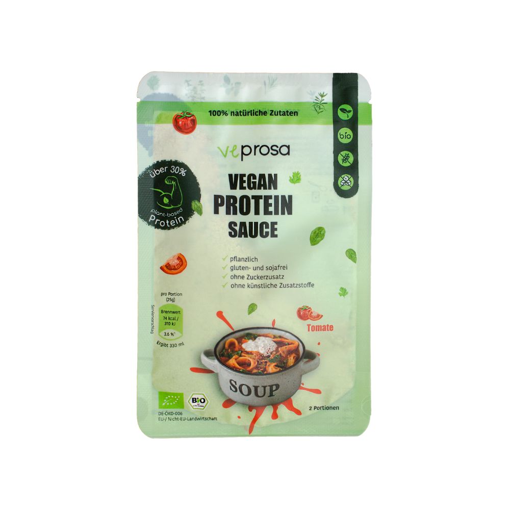 Verpackung VEPROSA Bio-Saucenpulver. Grün-weißes Päckchen mit Aufdrucken: "Vegan Protein Sauce", "Bio", Tomate, Kräuter.
