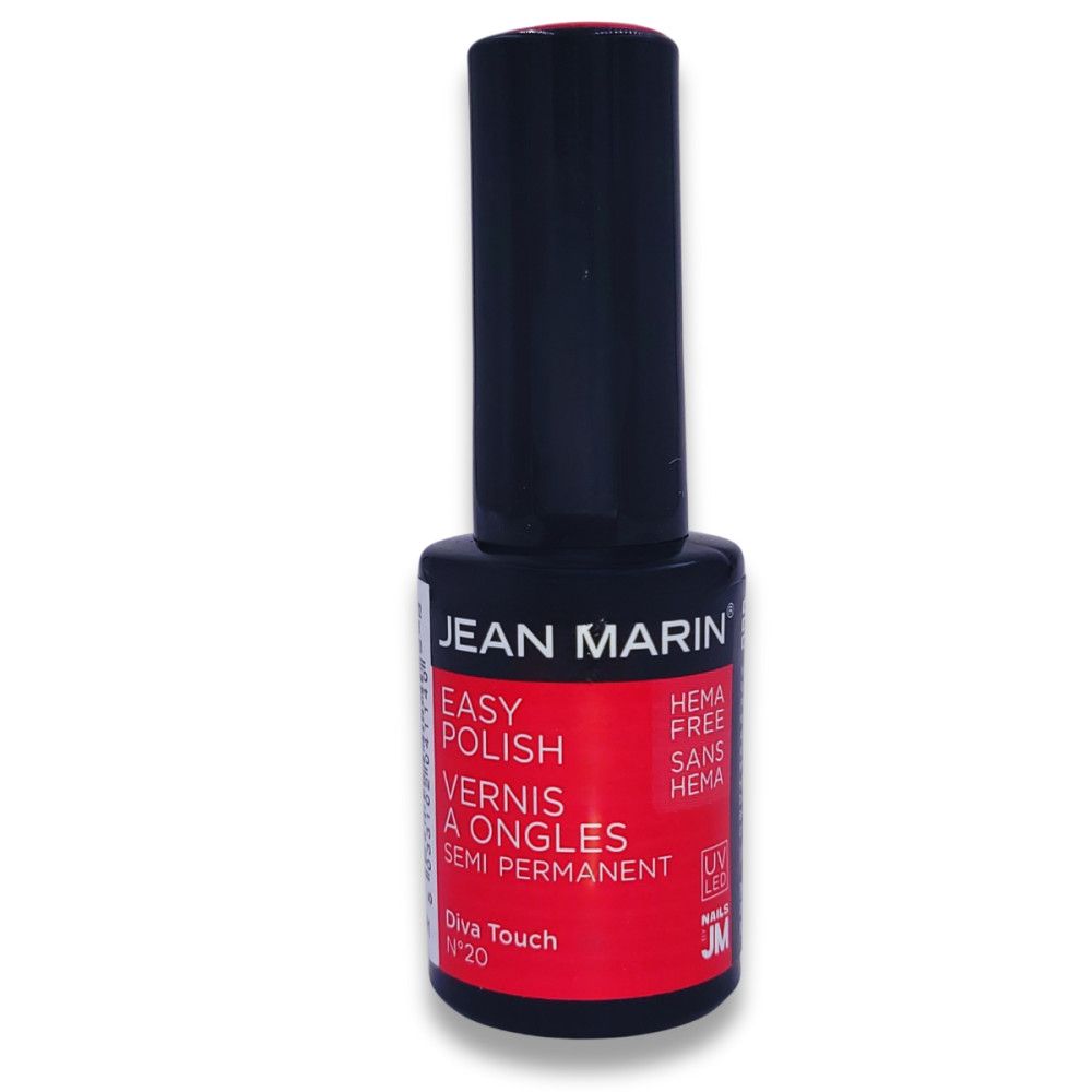 Nagellackflasche mit schwarzem Deckel. Roter Hintergrund mit weißer Schrift: JEAN MARIN, EASY POLISH, HEMA FREE, SEMI PERMANENT.