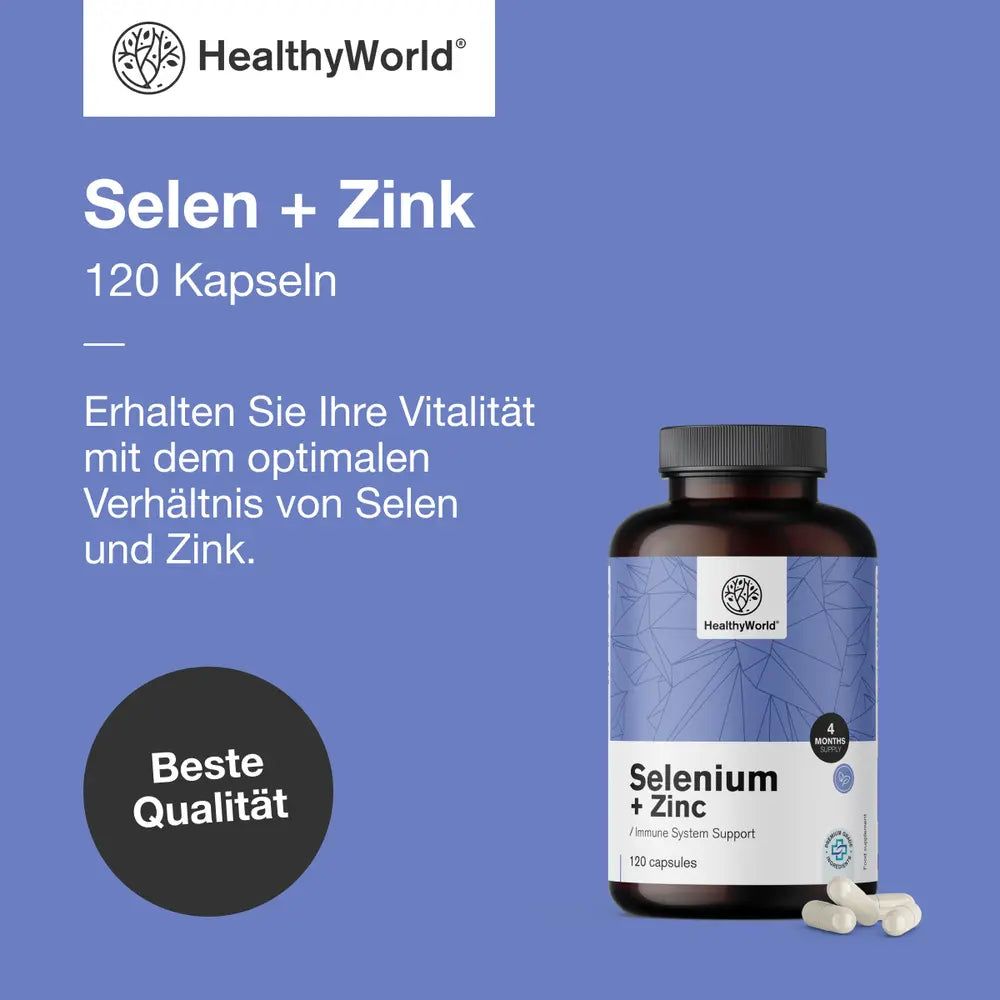 Flasche mit Kapseln. Aufschrift: Selen + Zink, 120 Kapseln. Logo: HealthyWorld. Text: Beste Qualität.