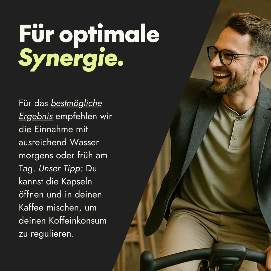 Mann auf dem Fahrrad. Text: Für optimale Synergie. Einnahme mit Wasser morgens oder früh am Tag.