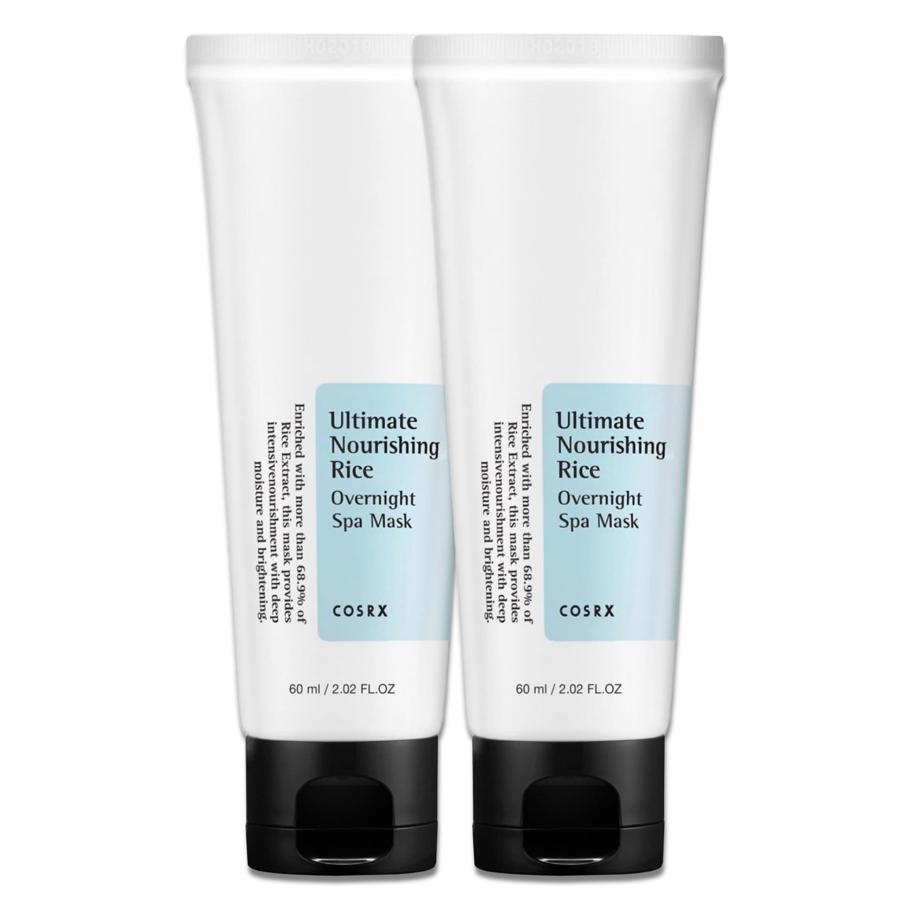 Zwei weiße Tuben mit schwarzem Deckel. Aufschrift: Ultimate Nourishing Rice Overnight Spa Mask. Marke: COSRX.