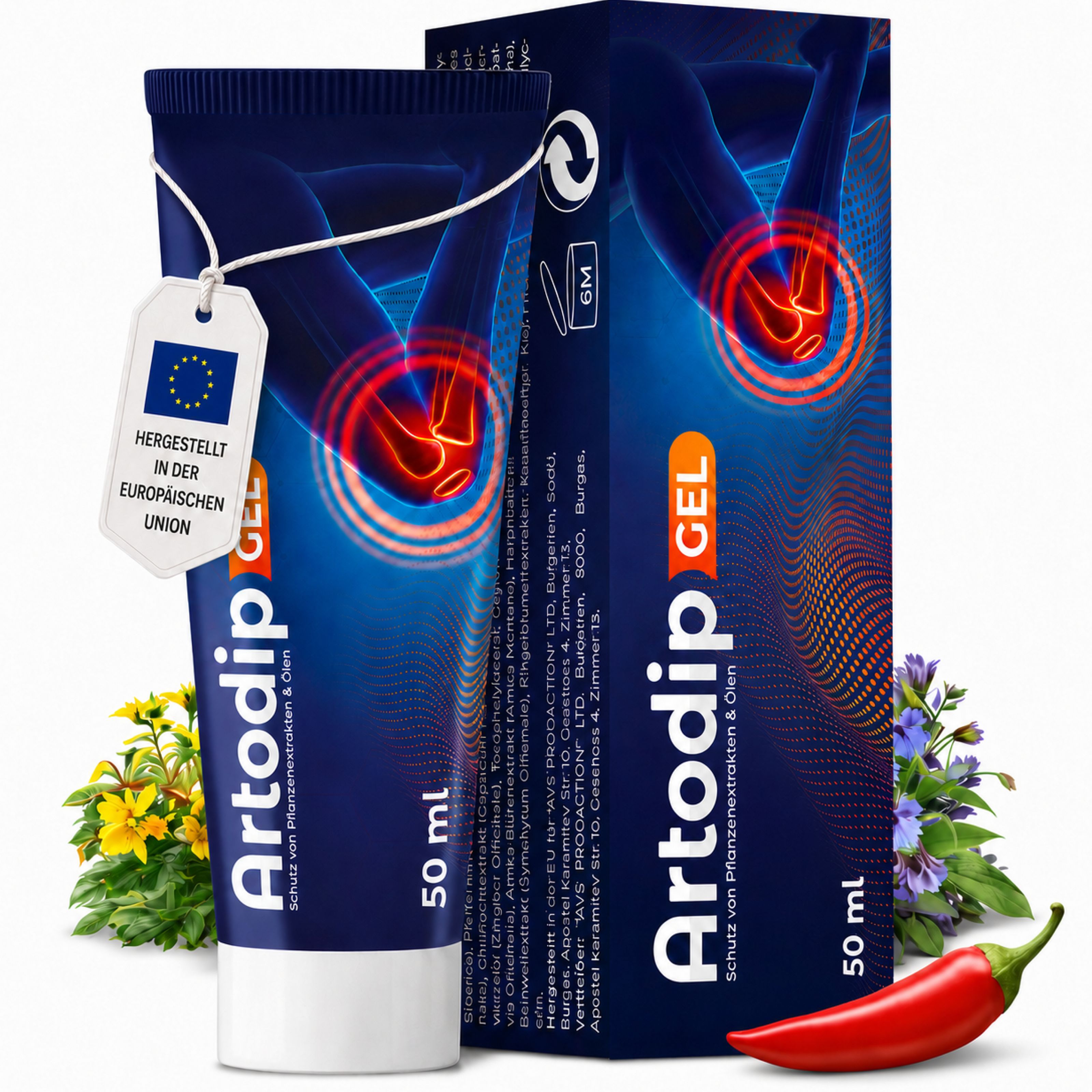 Artodip Gel Tube und Faltschachtel mit Gelenkabbildung, 50 ml. Hergestellt in der EU.