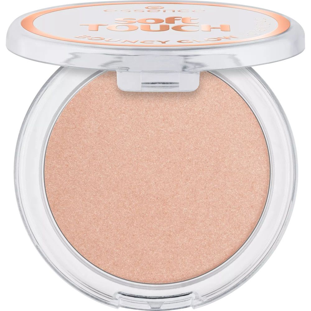 Runder Highlighter in geöffneter, transparenter Dose. Aufschrift: Essence, Soft Touch, Bouncy Glow. Deckel geöffnet.