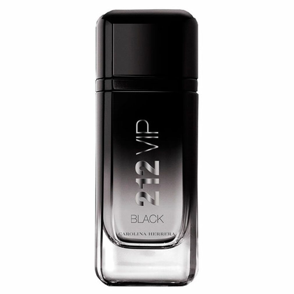 Schwarzer Flakon mit silberner Aufschrift 212 VIP Black. Rechteckige Form mit schwarzem Deckel. Carolina Herrera Logo.