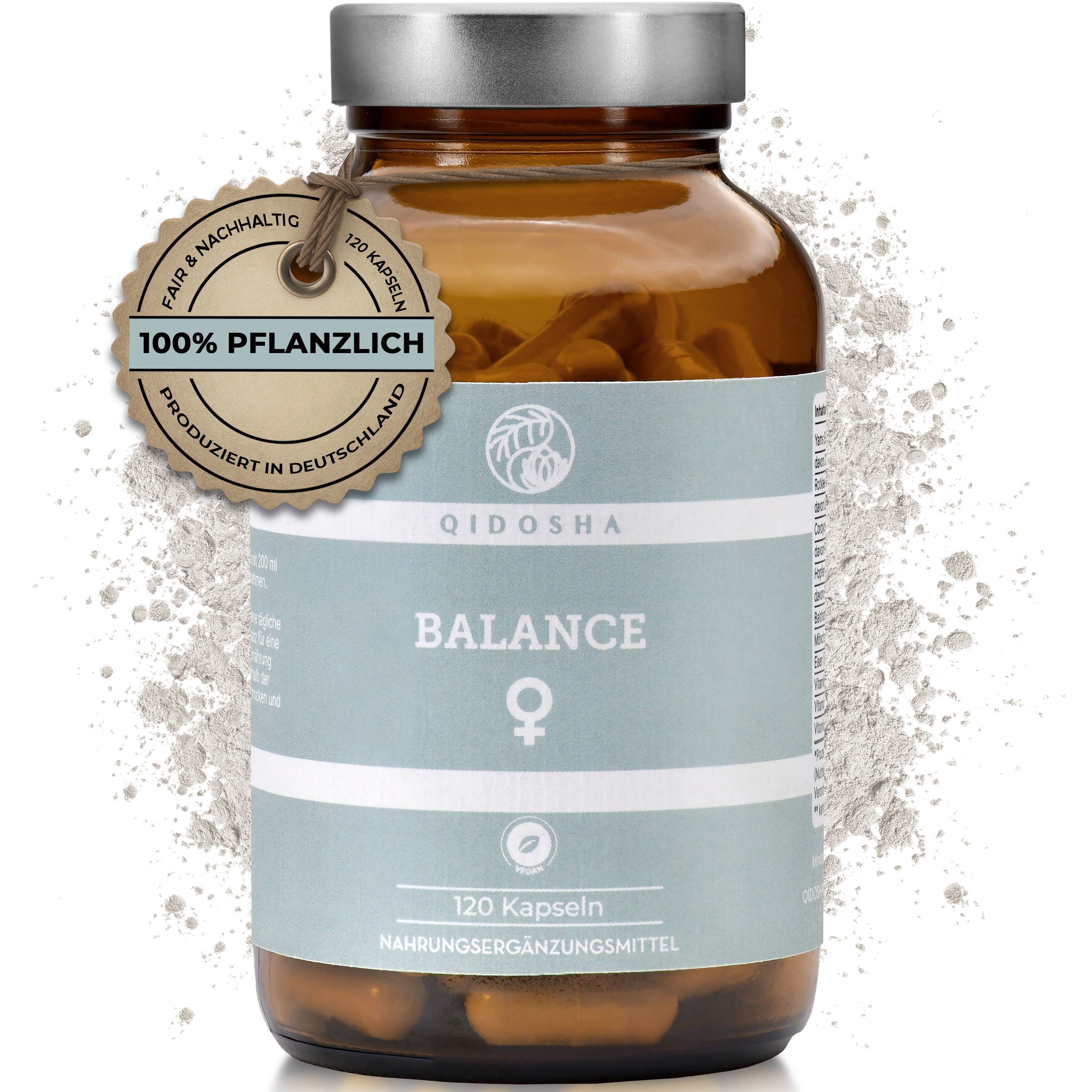 QIDOSHA BALANCE Kapseln, 120 Stück. Braunglasflasche mit hellblauem Etikett und Siegel.