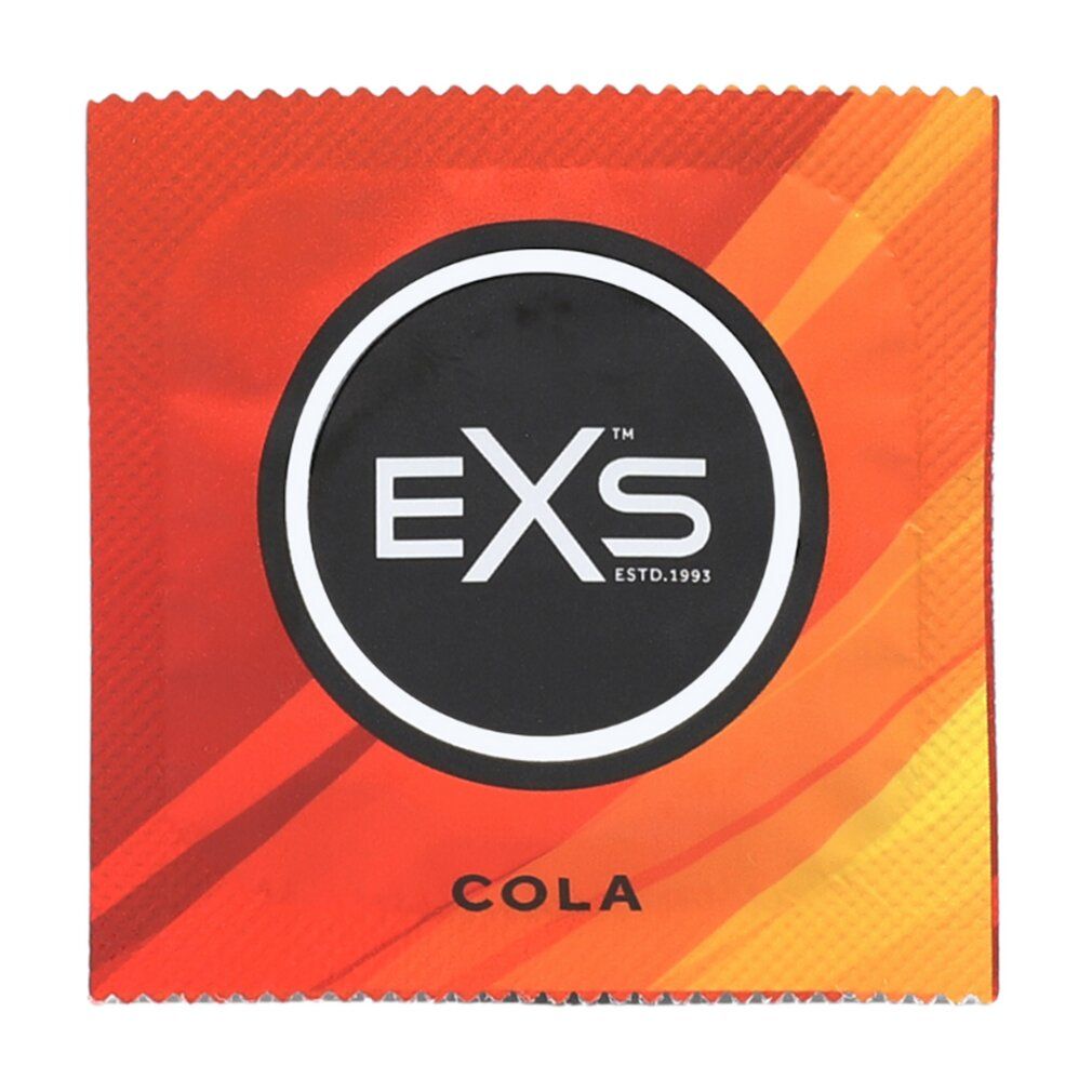 EXS Cola Kondomverpackung: Rot-orange Farbverlauf mit Blasen und dem EXS-Logo.