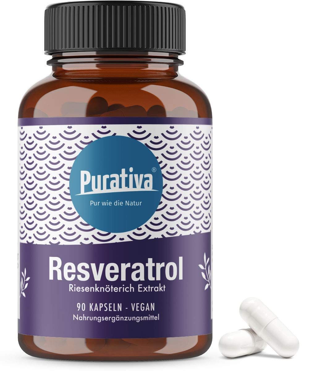 Braune Flasche mit weißen Kapseln. Aufschrift: Resveratrol, 90 Kapseln, vegan. Marke: Purativa.