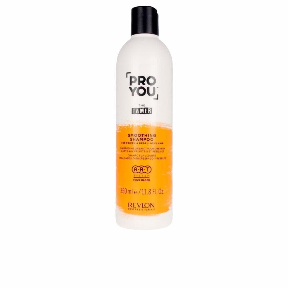 Weiße Flasche mit schwarzem Deckel. Aufschrift: PRO YOU THE TAMER, Smoothing Shampoo. Marke: Revlon. Orangefarbener Streifen.