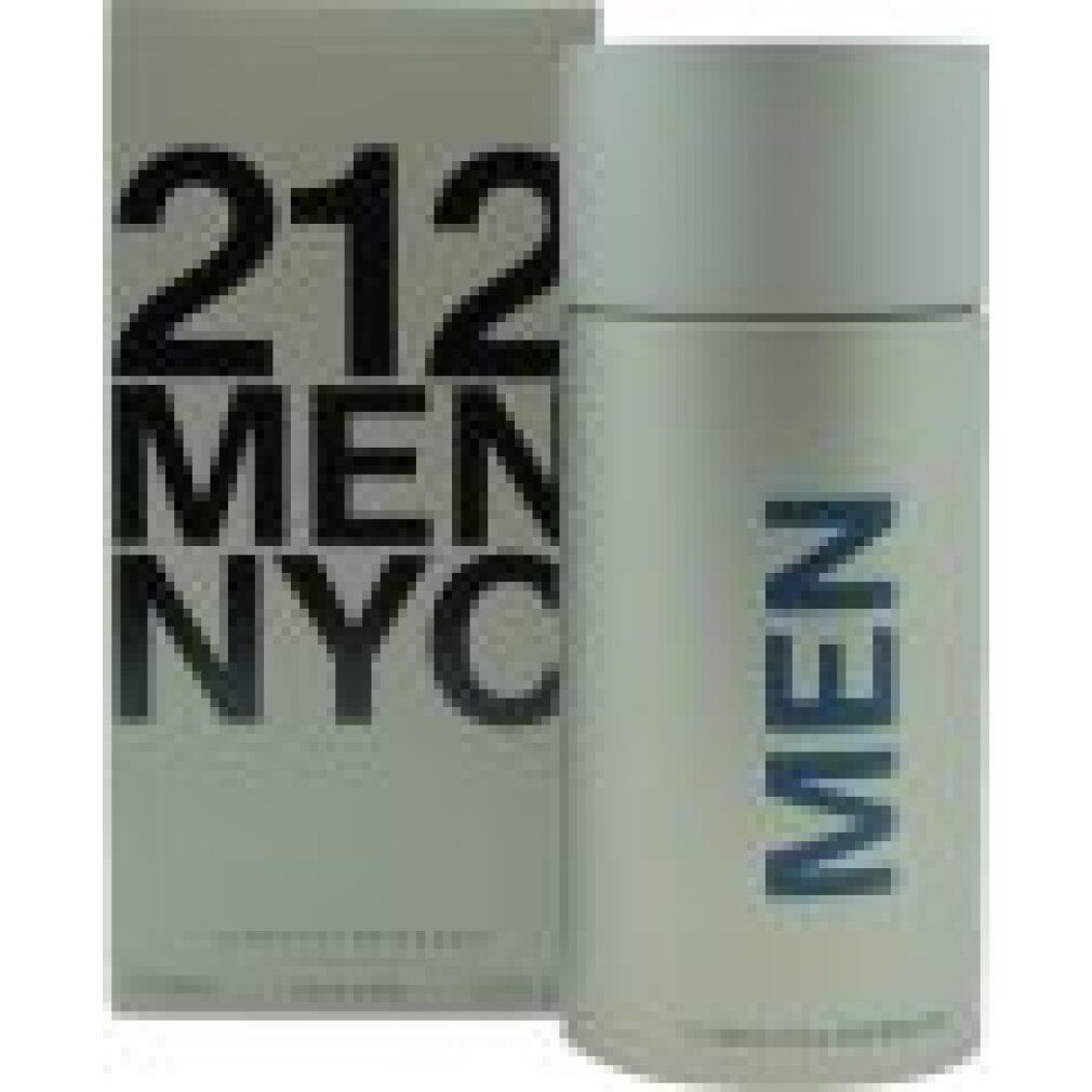 Carolina Herrera 212 Men NYC Eau de Toilette. Flakon und Schachtel. Hellgrau. Aufschrift: 212 MEN NYC, MEN, Carolina Herrera.