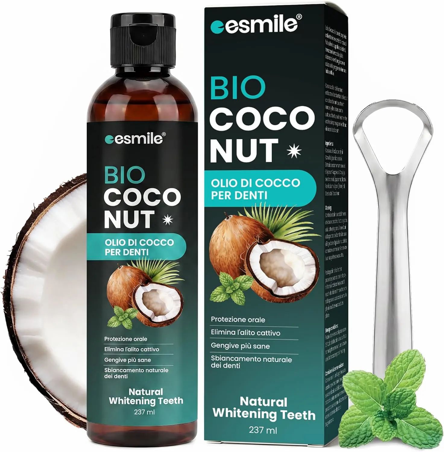 esmile - Olio di Cocco Biologico per Denti + Pulisci Lingua | Oil Pulling Sbiancante