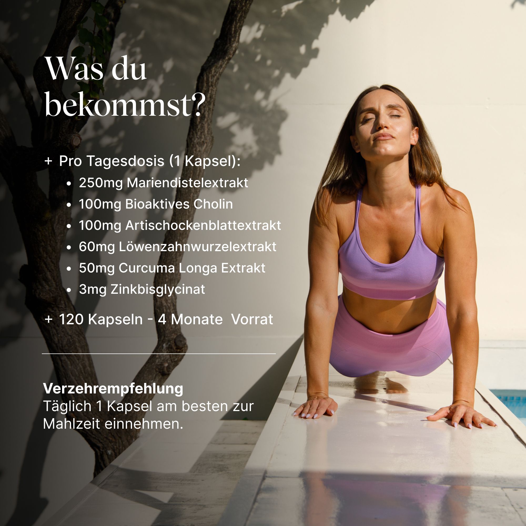 Frau in Sportkleidung, Yoga-Pose. Text: Was du bekommst? 120 Kapseln, 4 Monate Vorrat. Einnahmeempfehlung.