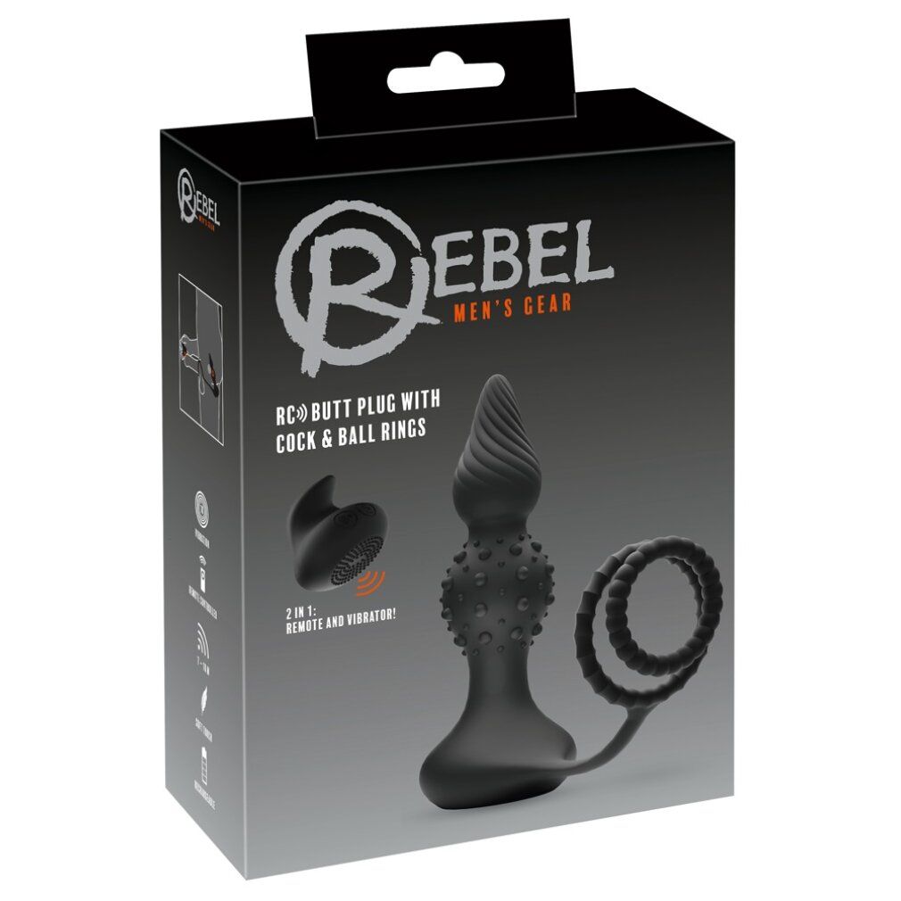 Verpackung mit schwarzem Wellness-Produkt. Text: REBEL MEN'S GEAR, RC BUTT PLUG WITH COCK & BALL RINGS.