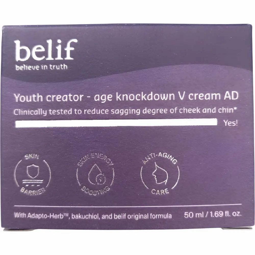 Dunkelviolette Schachtel mit Aufschrift: belif, Youth creator - age knockdown V cream AD. Text: Klinisch getestet, mit Adapto-Herb, Bakuchiol. Symbole.