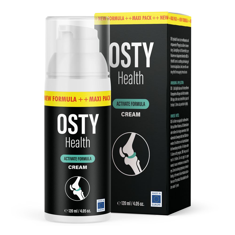 Creme-Flakon und Schachtel. Aufschrift: OSTY Health, Activate Formula, Cream. Abbildung eines Gelenks. Aufdruck: 120 ml / 4.05 oz.