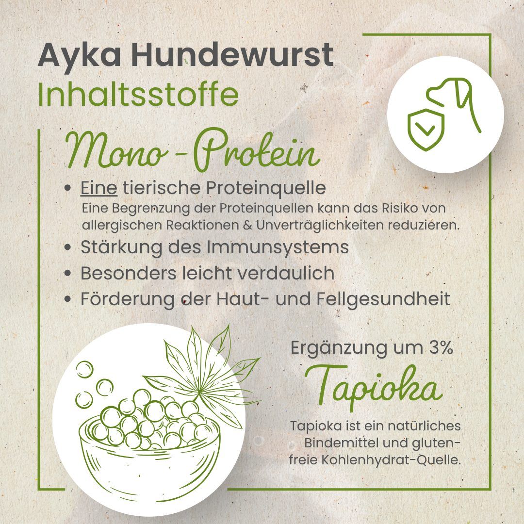 Ayka Hundewurst Inhaltsstoffe: Mono-Protein, leicht verdaulich. Ergänzt mit 3% Tapioka.