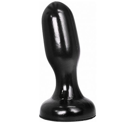 Schwarzer Buttplug mit abgerundeter Spitze und breitem Sockel. Das Produkt ist leicht gebogen.