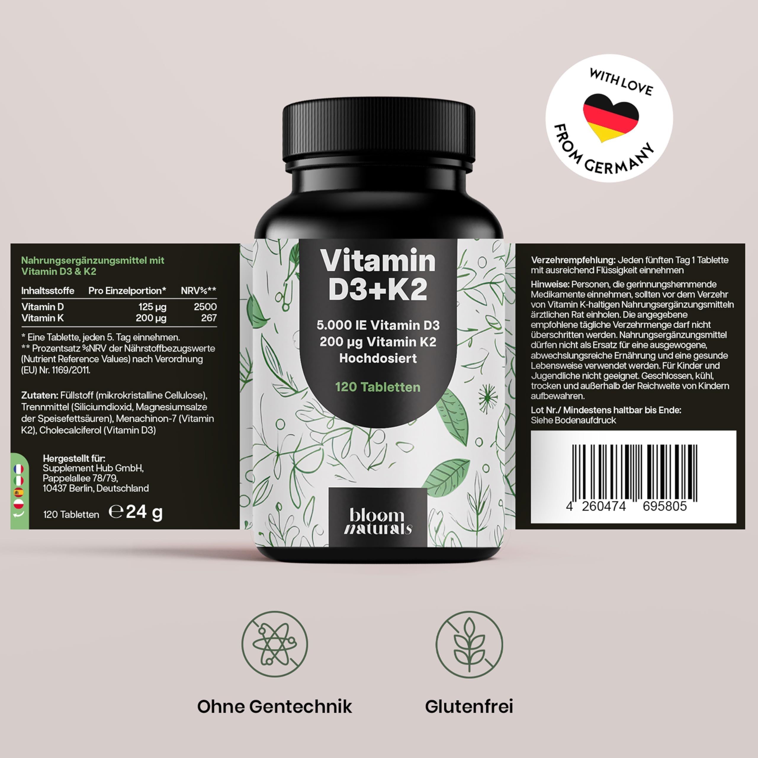 Flasche mit Etikett: Vitamin D3+K2, 5.000 IE Vitamin D3, 200 µg Vitamin K2, 120 Tabletten. Text: Ohne Gentechnik, Glutenfrei. Mit Liebe aus Deutschland.