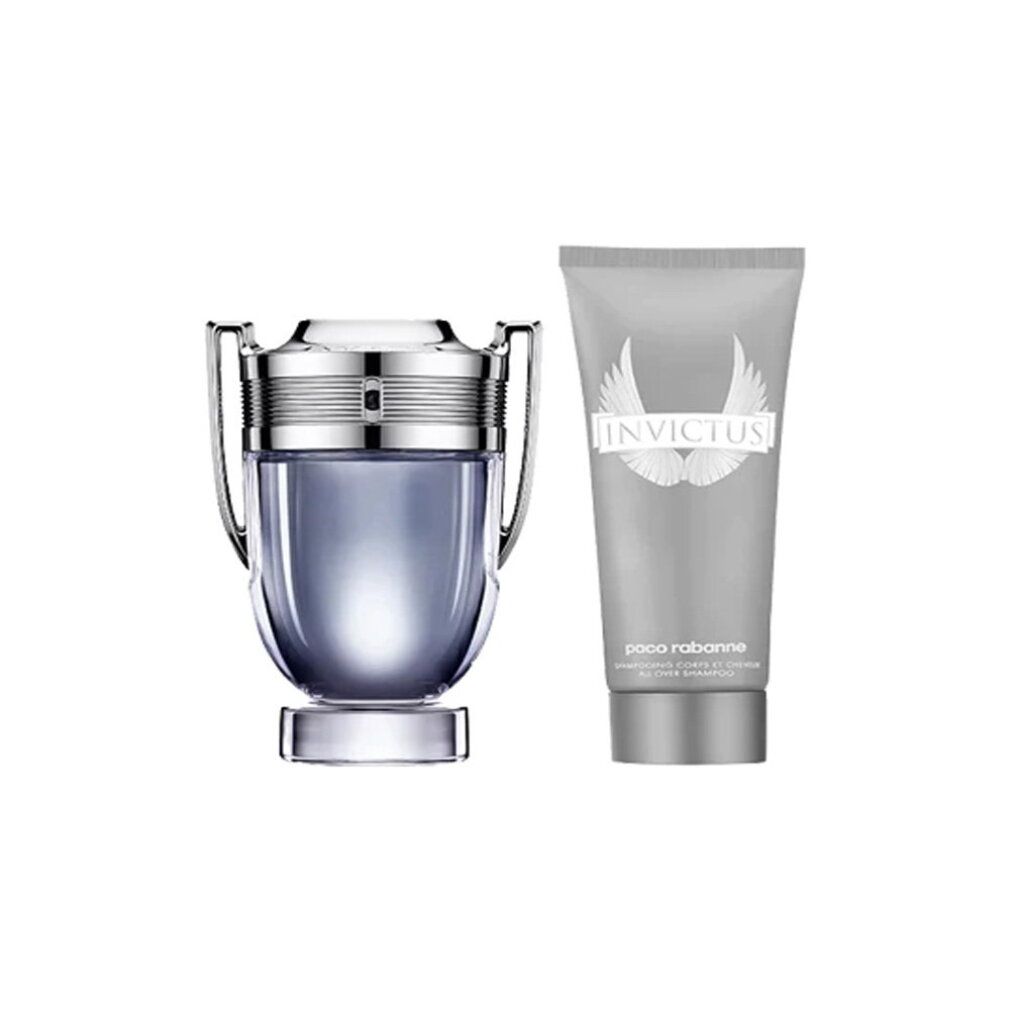 Paco Rabanne Invictus Parfümset mit Duschgel. Parfümflakon und Duschgelflasche.