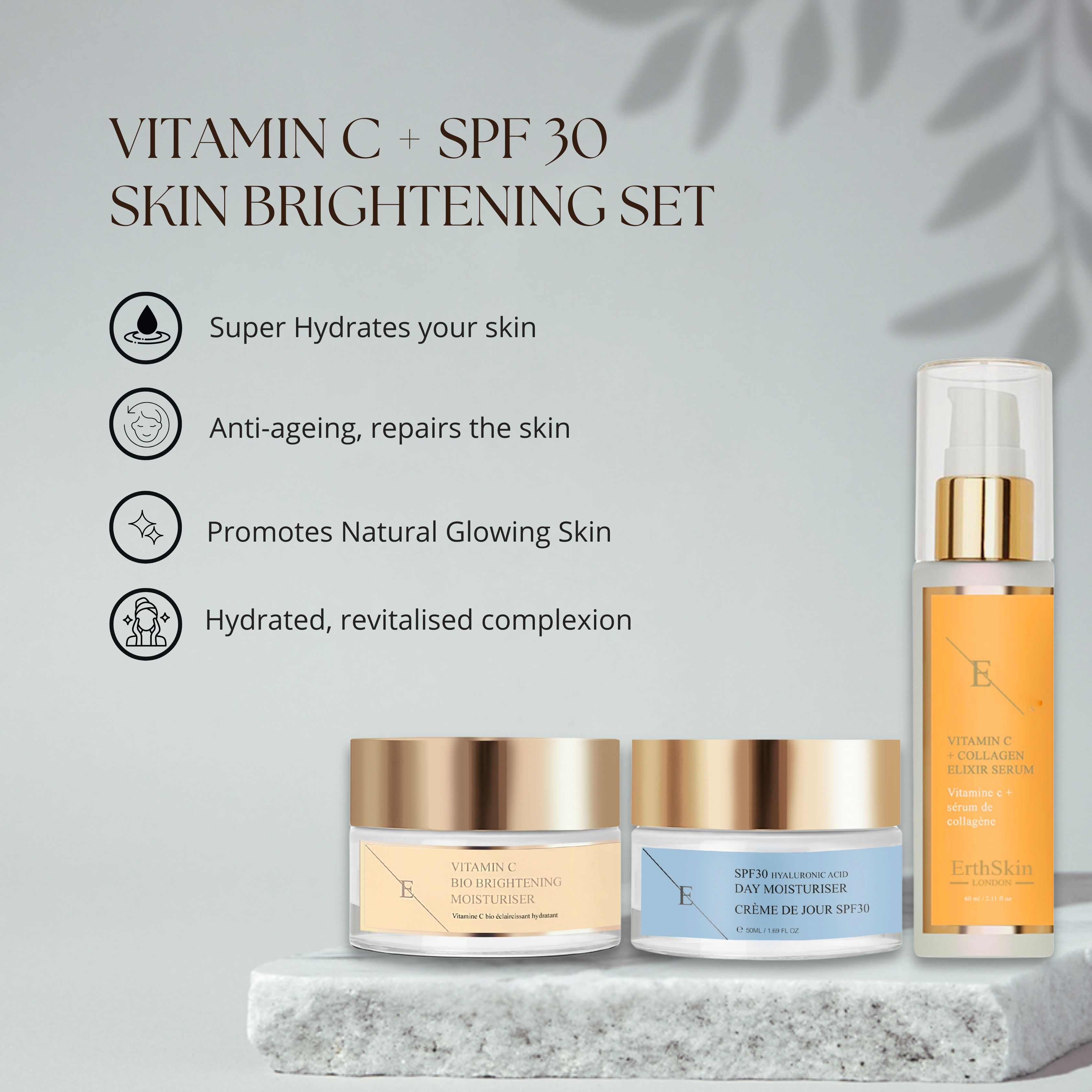 ErthSkin London VITAMIN C ELIXIER SERUM + Vitamin C Bio Brightening Moisturizer + SPF Tagescreme set