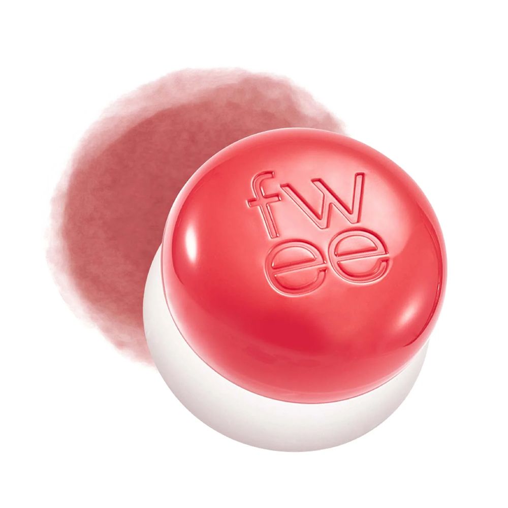 Roter und weißer Pudertopf mit dem Logo 'fwee' und einem Farbmuster.