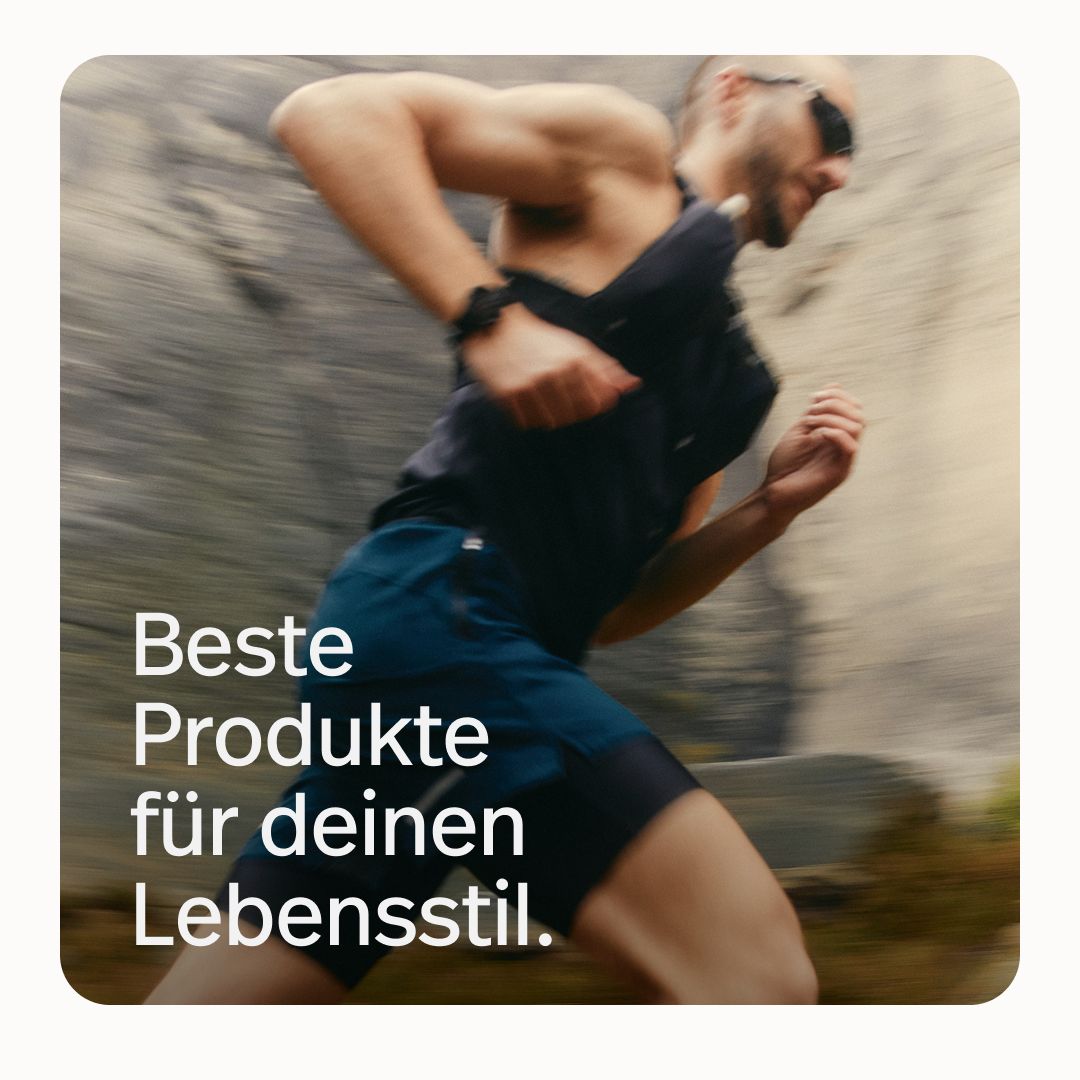 Läufer in Bewegung in felsiger Landschaft. Text: Beste Produkte für deinen Lebensstil.