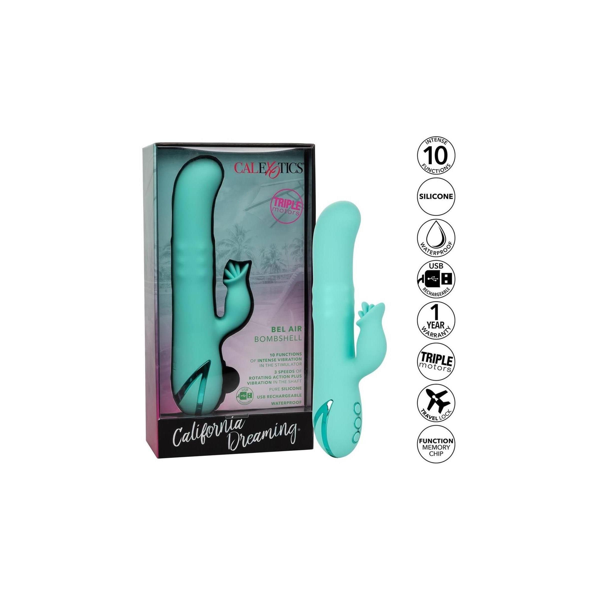 Türkisfarbener Vibrator in Verpackung. Aufschrift: Bel Air Bombshell, CalExotics. Symbole: wasserdicht, USB.