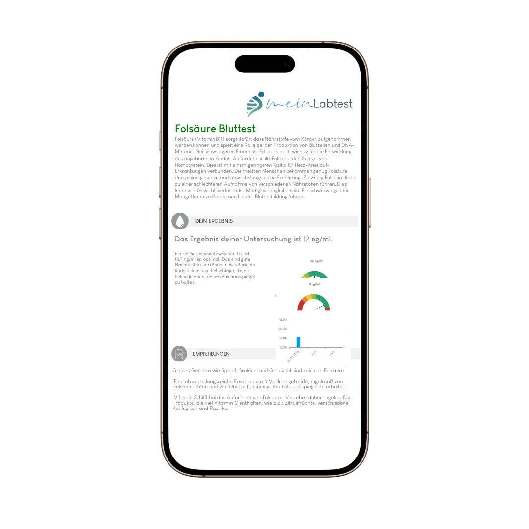 Smartphone mit Folsäure Bluttest-Ergebnissen von meinLabtest. Text und Diagramme zeigen Testergebnisse. Logo von meinLabtest.