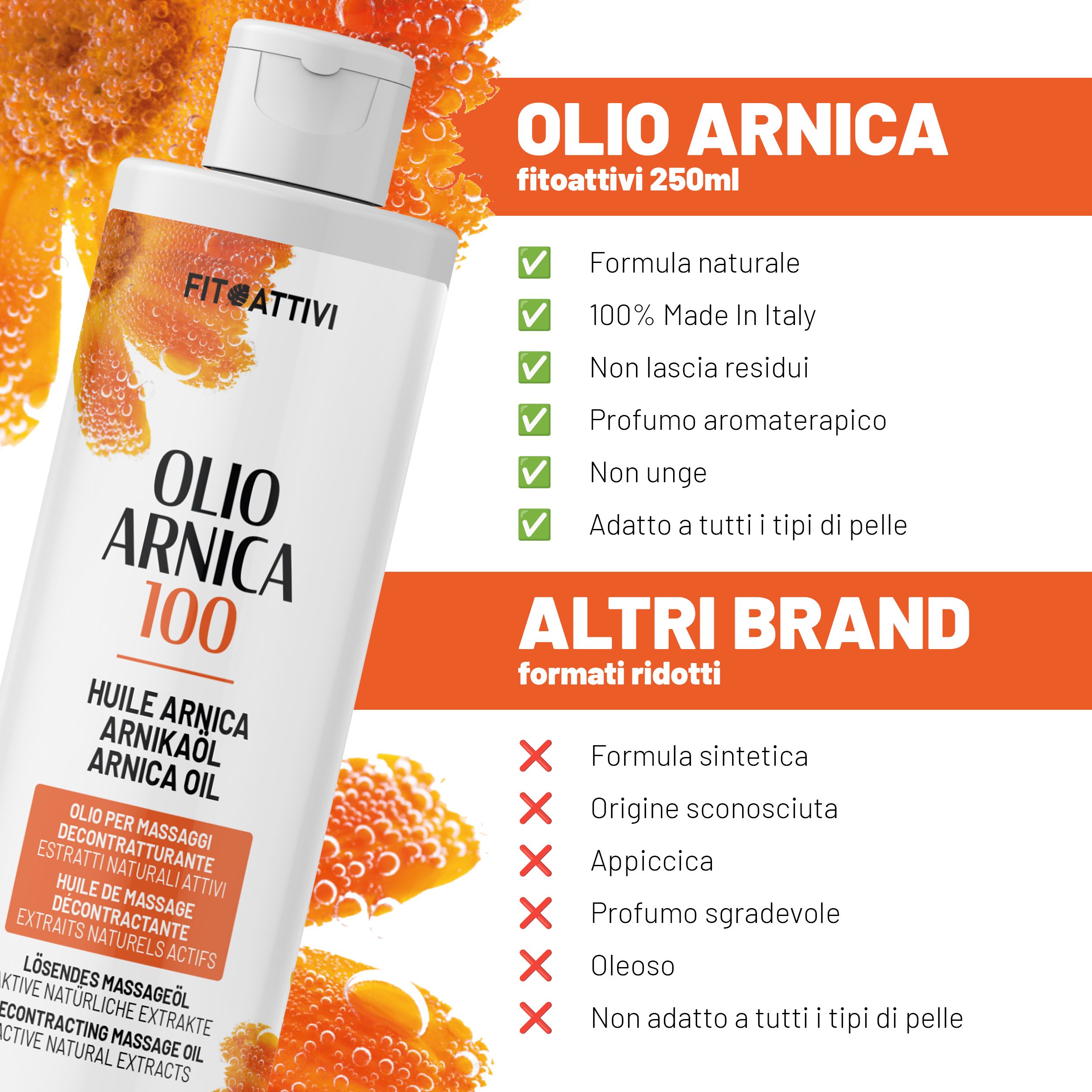 Fitoattivi Arnikaöl Flasche. Text: Oilo Arnica 100, 100% Made in Italy, non unge, profumo aromaterapico, adatto a tutti i tipi di pelle.