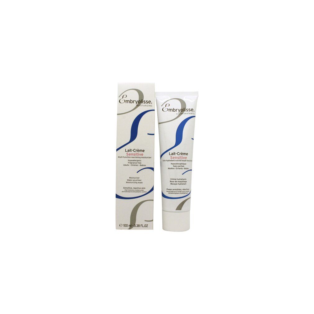 Embryolisse Sensitive Lait-Crème Tube und Verpackung. Weiß, blau, rosa. Produktname und Logo sichtbar. Verpackung mit Text.