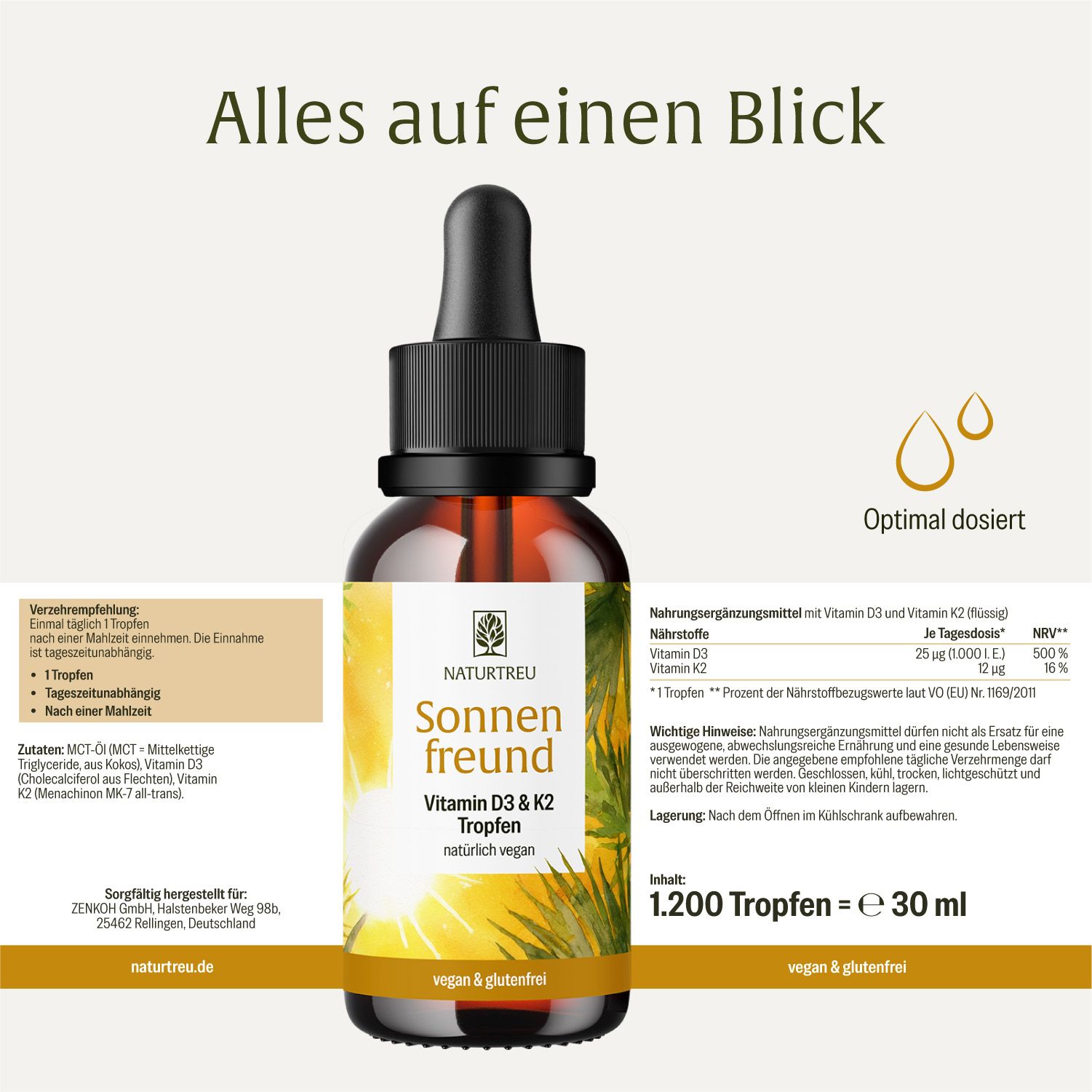 Flasche und Verpackung von Sonnenfreund Vitamin D3 & K2 Tropfen. Die Verpackung zeigt eine Sonne und Palmenblätter. Enthält deutsche Qualitätszertifikate.