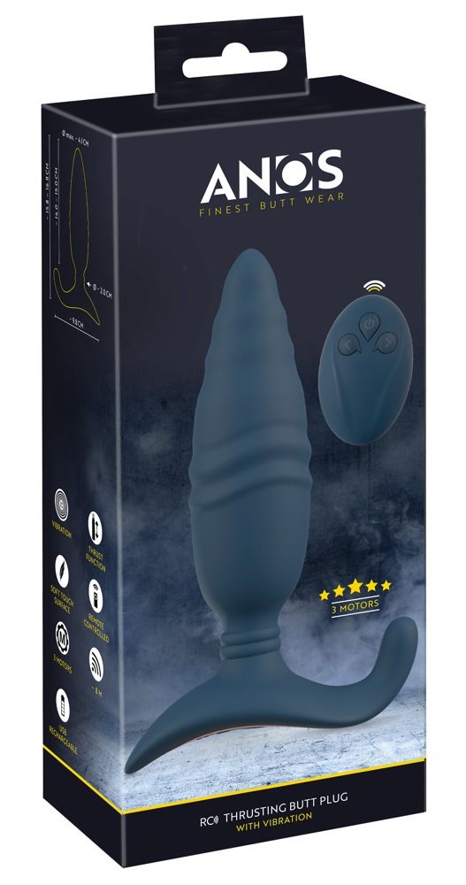 Verpackung des Anos RC Thrusting Butt Plug. Produkt, Fernbedienung, Produktmerkmale und Markenname ANOS.