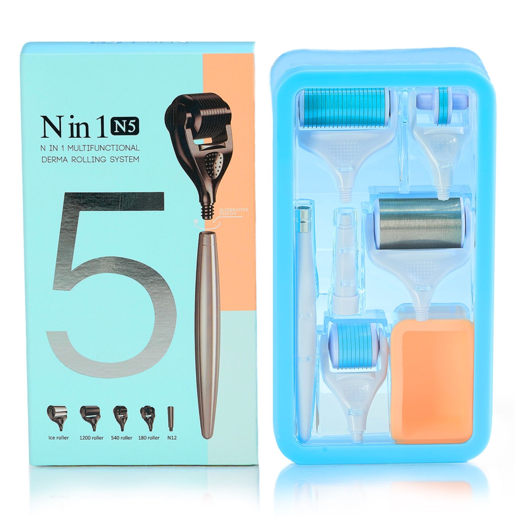 Derma-Roller-Set mit verschiedenen Aufsätzen und Zubehör. Verpackt in einer Box mit Produktnamen und 5-in-1-Funktion.