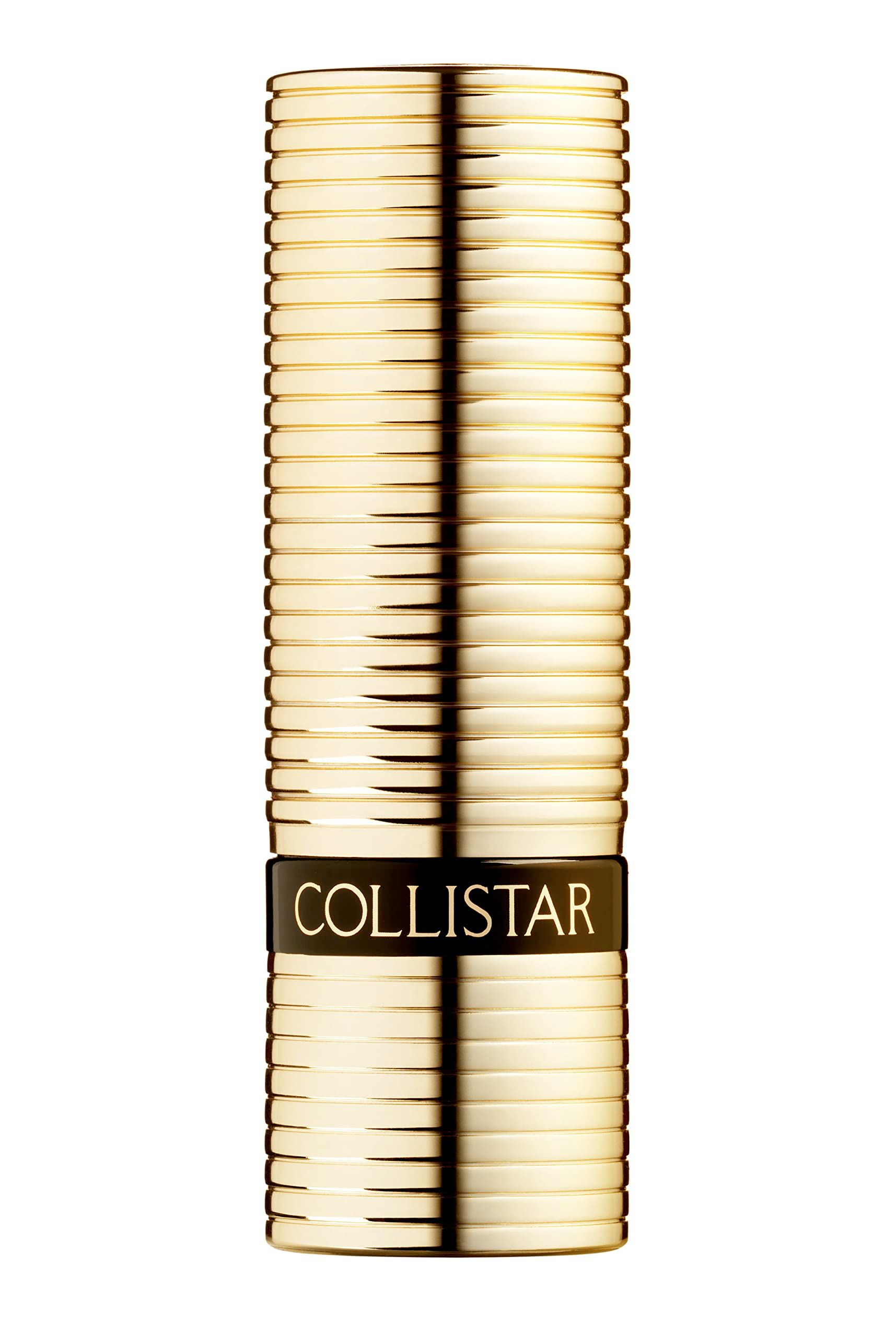 Goldfarbener Lippenstiftbehälter mit geriffelter Oberfläche. Schwarzes Band mit COLLISTAR-Schriftzug.