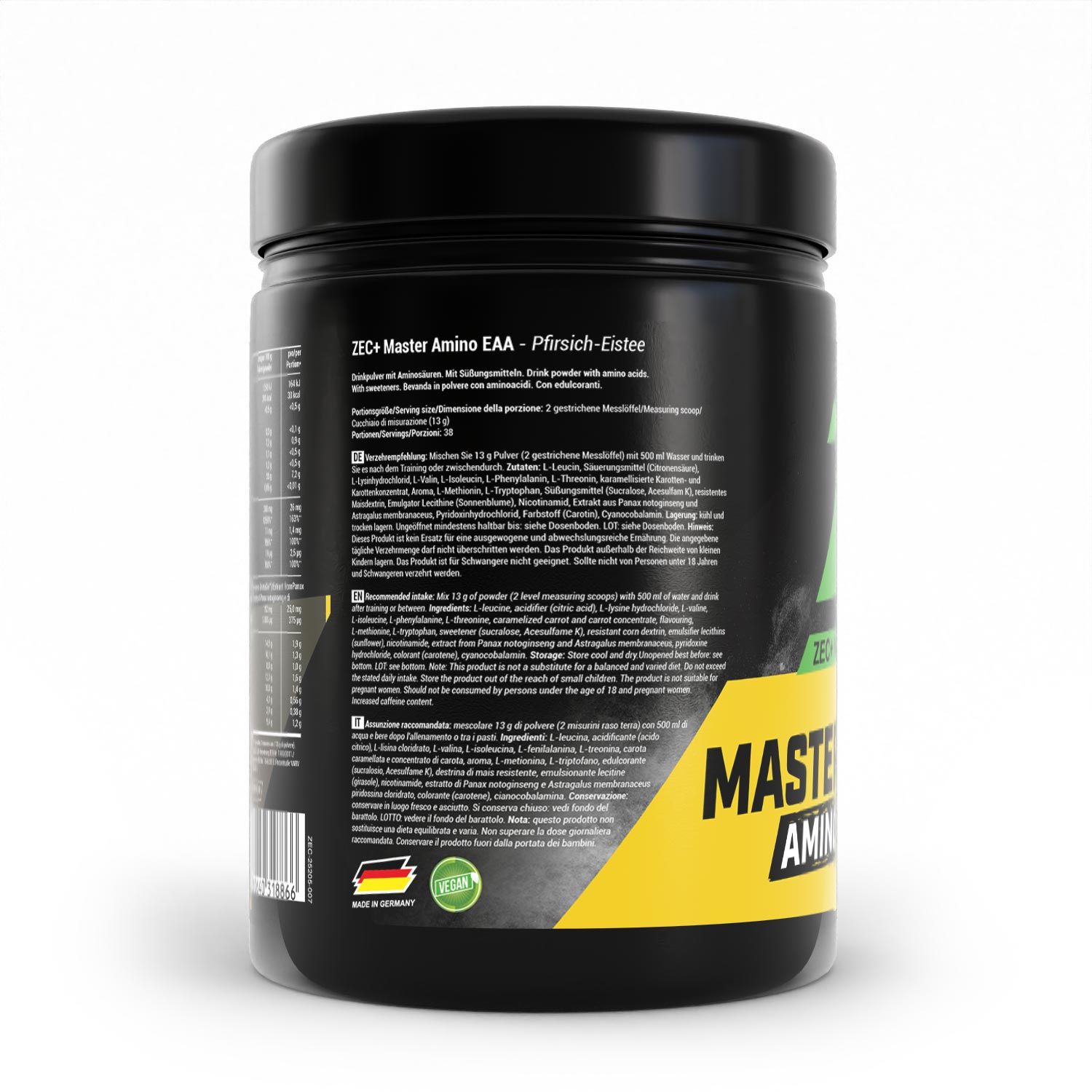 Rückseite der schwarzen Dose. Enthält Produktinformationen und Nährwertangaben. Mit "Vegan"-Siegel.