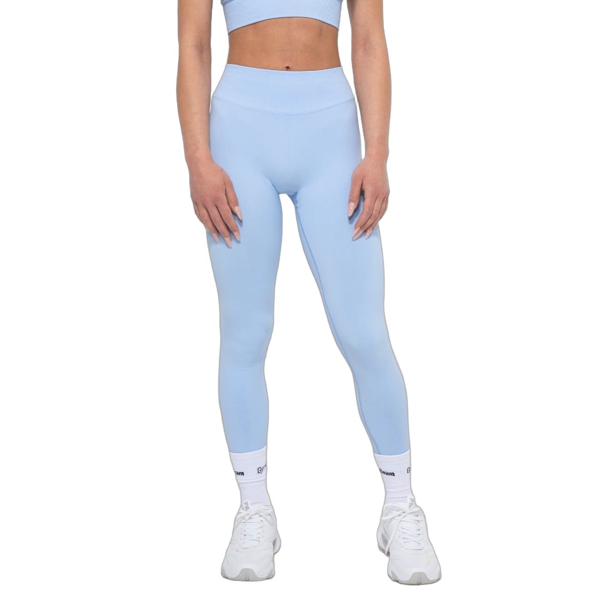Nahtlose, babyblaue Leggings für Damen mit hohem Bund.