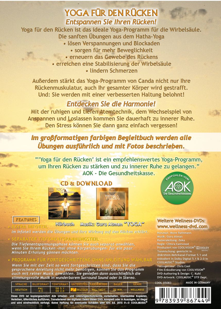 Rückseite der DVD-Hülle "Yoga für den Rücken". Text und Logo der AOK. Enthält CD & Download. Beschreibung der Yoga-Übungen.