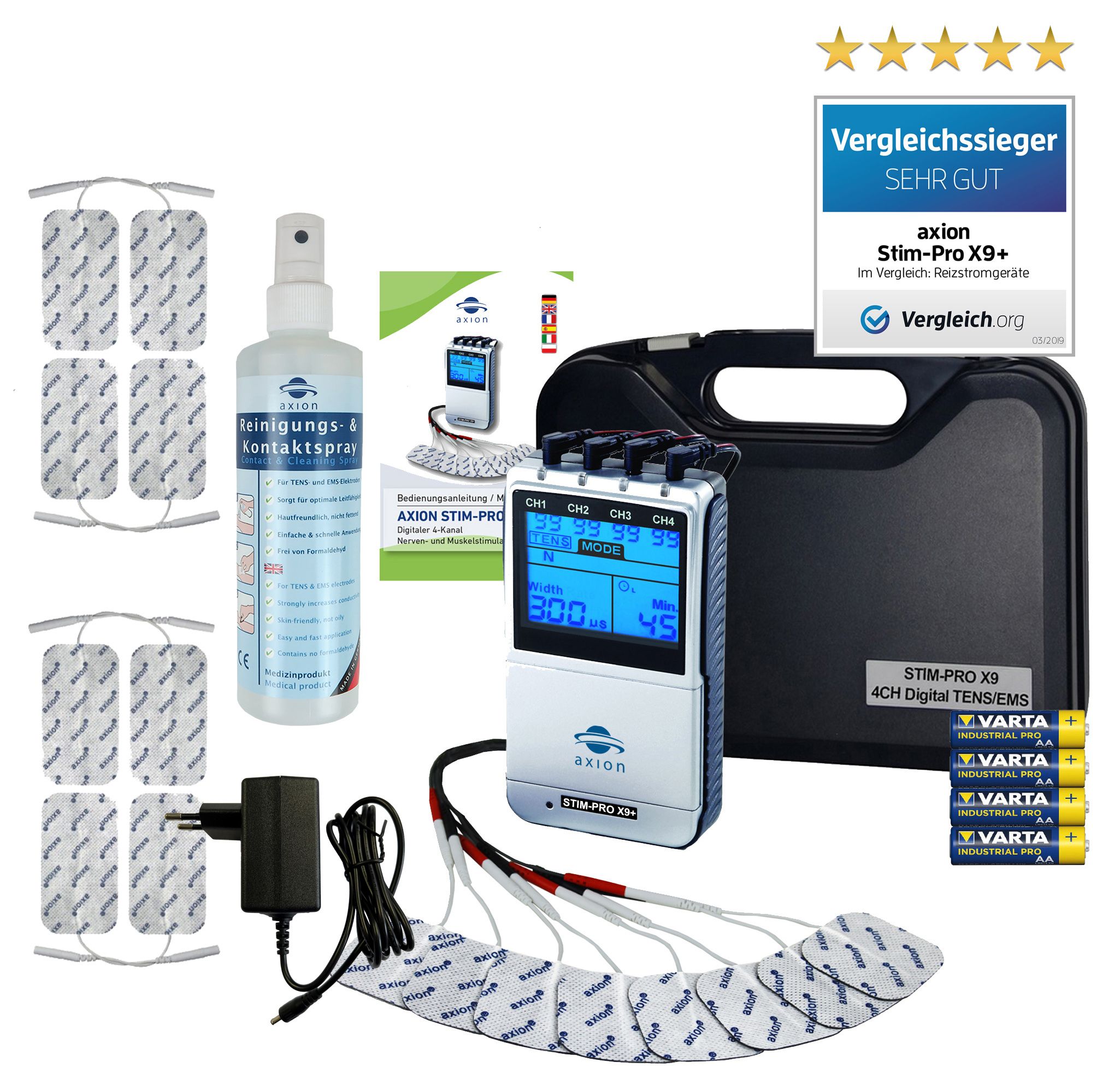 axion Dispositivo Combinato TENS EMS 4 Canali STIM-PRO X9+ con spray di contatto e pulizia