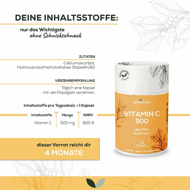 Sanutrition Vitamin C 500: Kapseldose, Inhaltsstoffe, Verzehrempfehlung, 120 Kapseln.