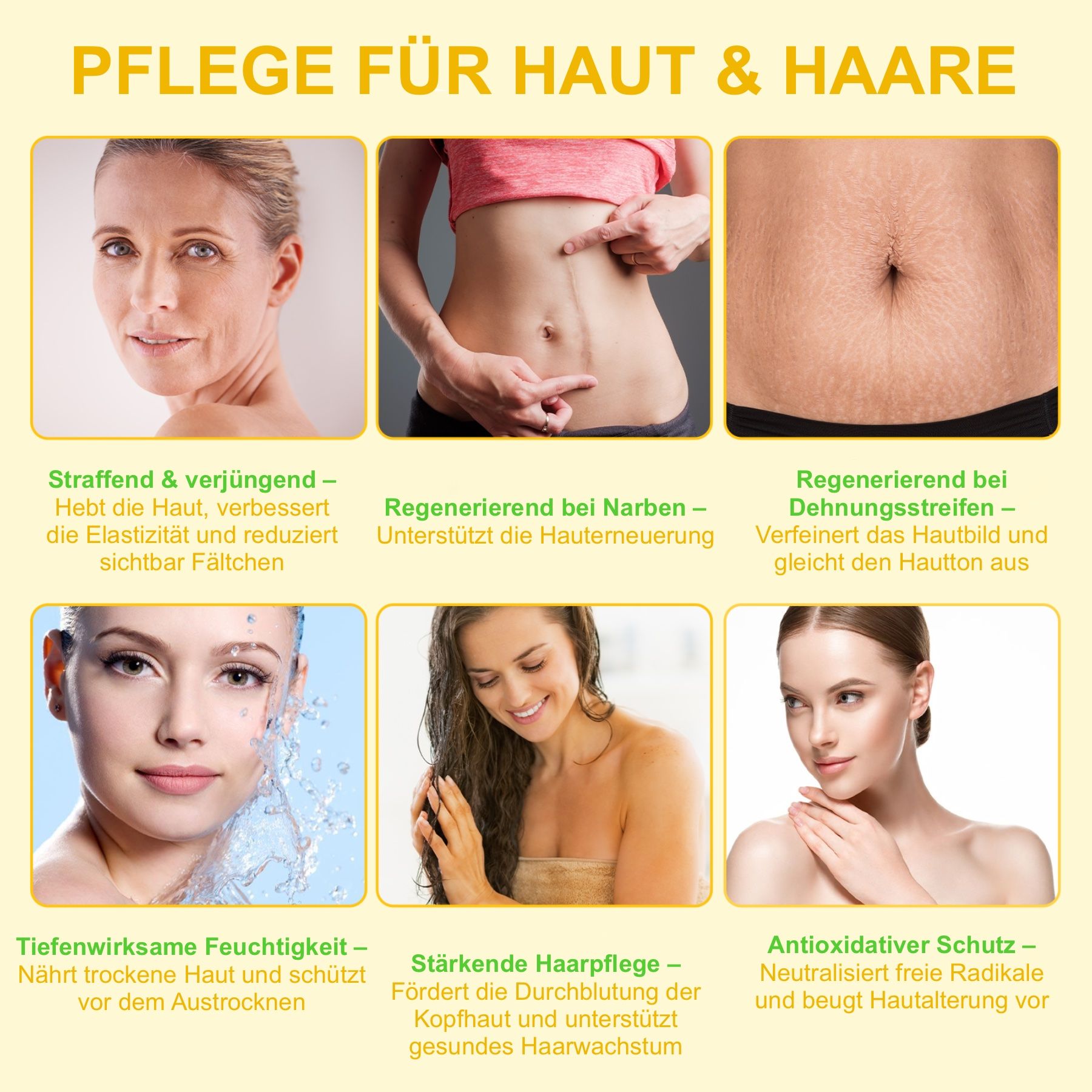 Bilder von Haut und Haaren. Text über Pflege und Vorteile.