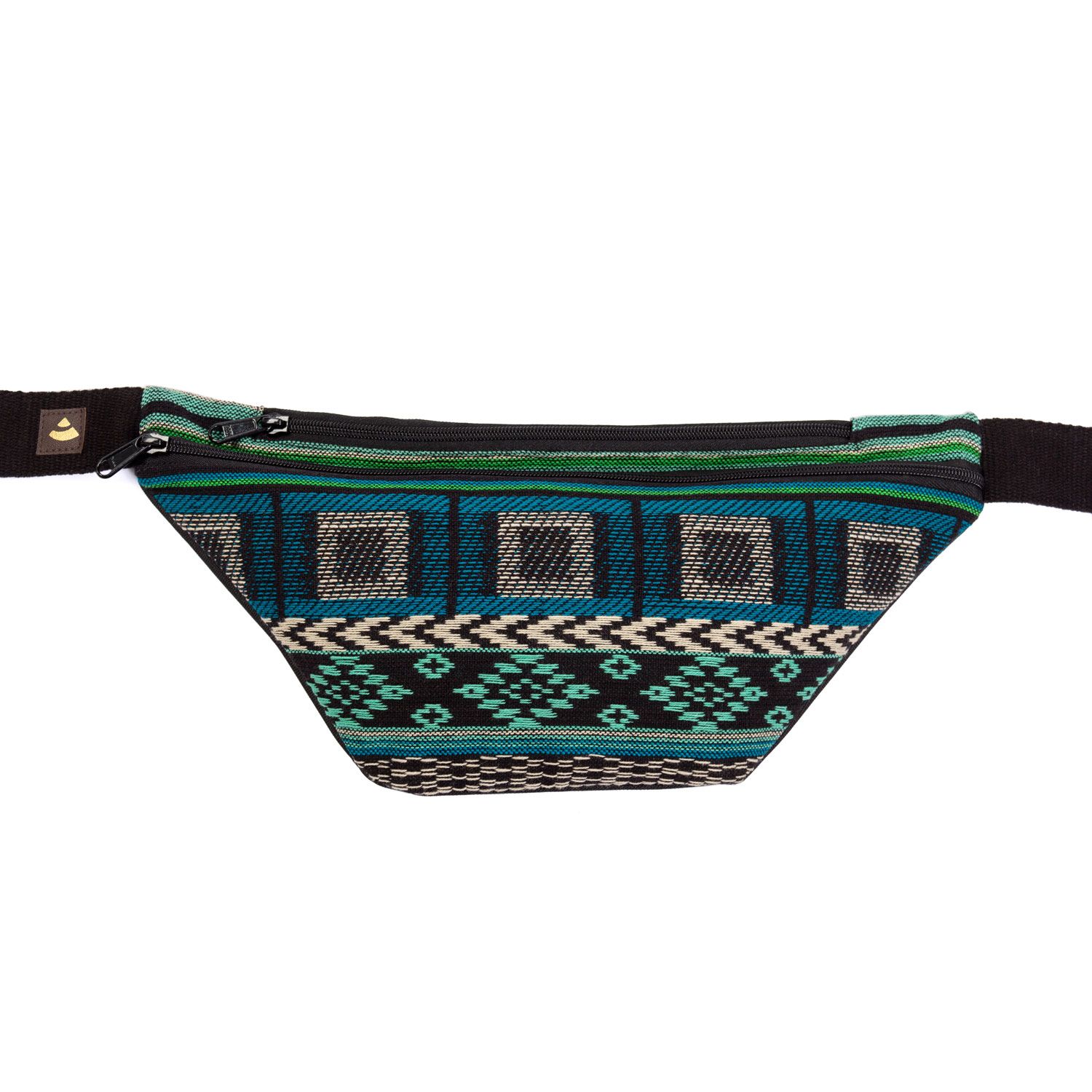 Hüfttasche mit schwarz-weiß-grünem Jacquard-Webstoffmuster. Schwarzer Reißverschluss und Gurt. Frontansicht.