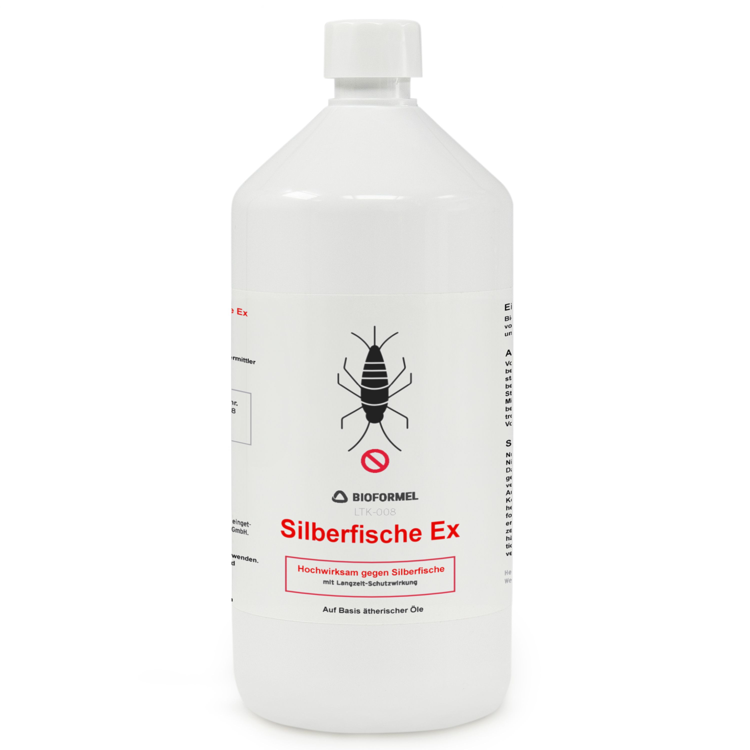 Weiße Flasche mit Sprühkopf. Aufschrift: Silberfische Ex. Logo: Insekt mit rotem Stoppschild. Aufschrift: BIOFORMEL.