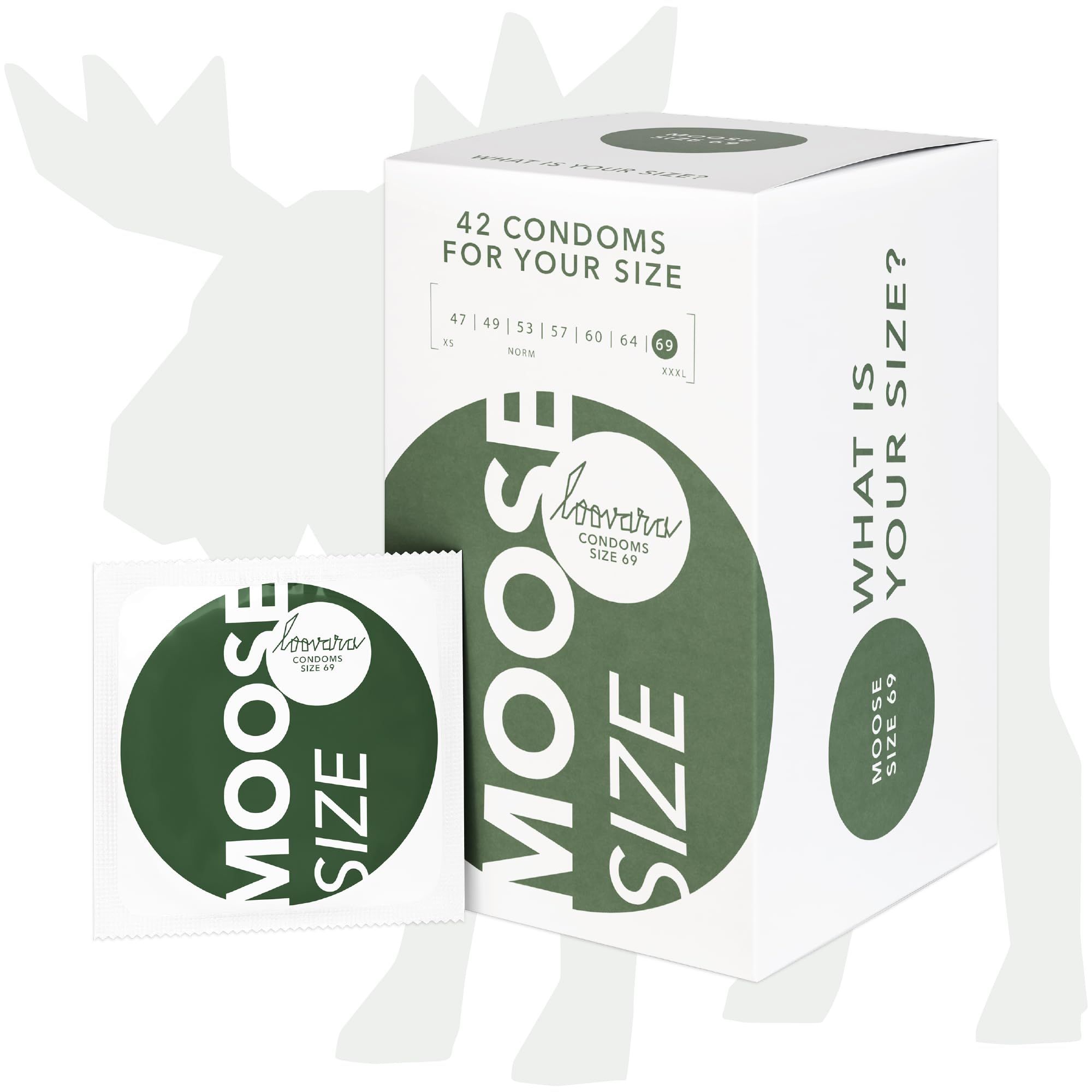 Loovara Moose XXXL Kondom, Größe 69. Packung mit 42 Stück und Einzelverpackung.