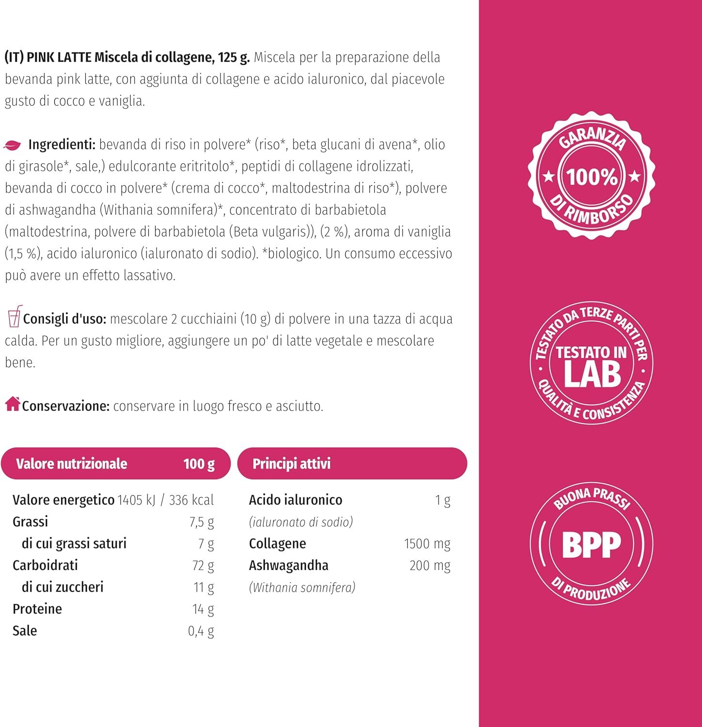 Etikett mit Inhaltsstoffen und Nährwerten. 100% Garantie. Laborgeprüft. Gute Herstellungspraxis.