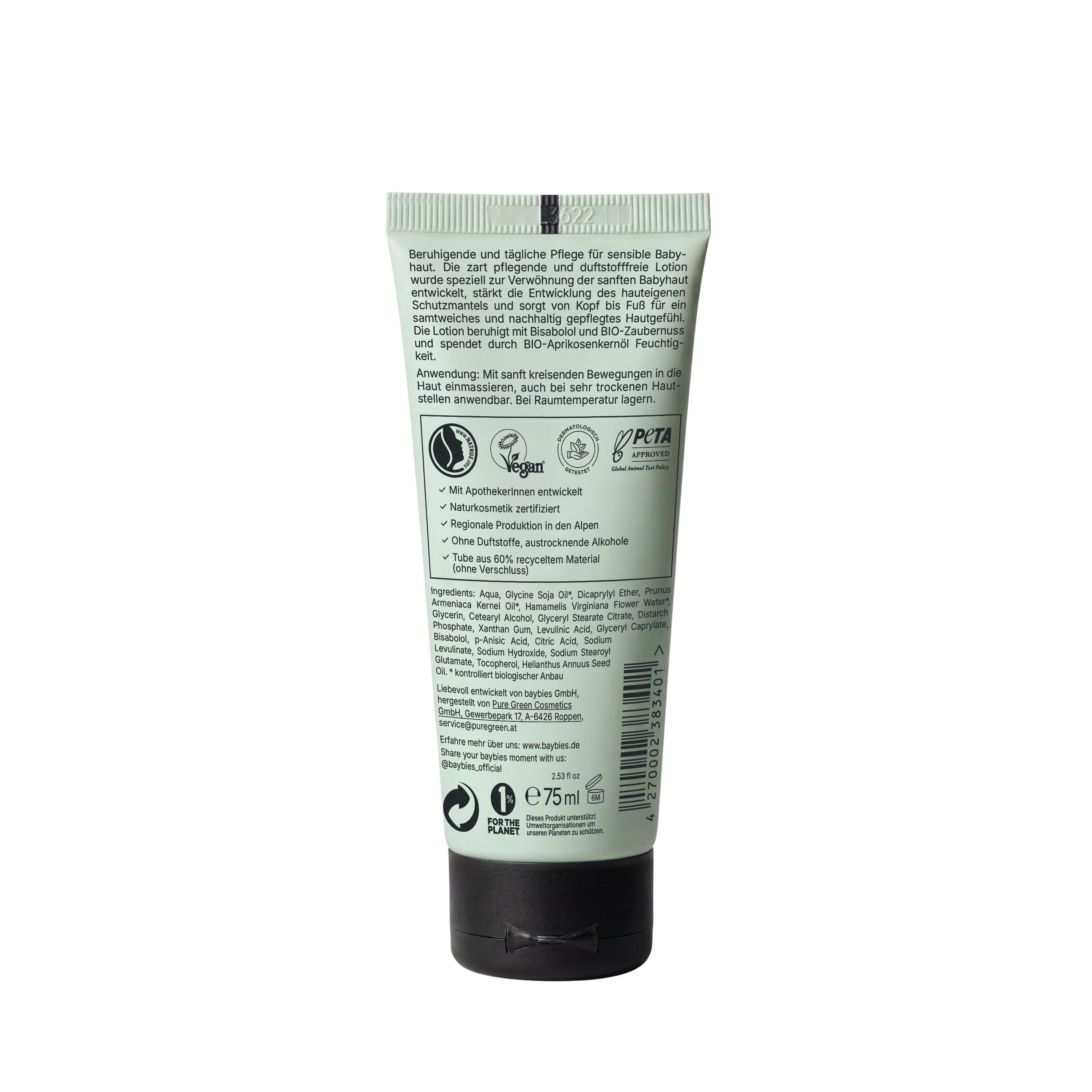 Rückseite einer hellgrünen Tube mit Produktinformationen, Siegeln (vegan, tierversuchsfrei) und 75ml Angabe.
