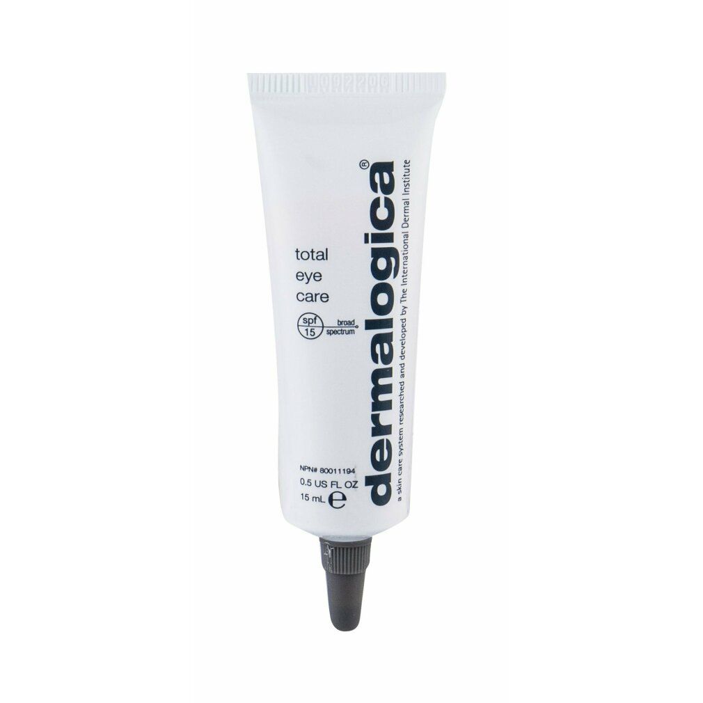 Weiße Tube mit schwarzem Verschluss. Aufschrift 'total eye care' und 'dermalogica'. SPF 15.