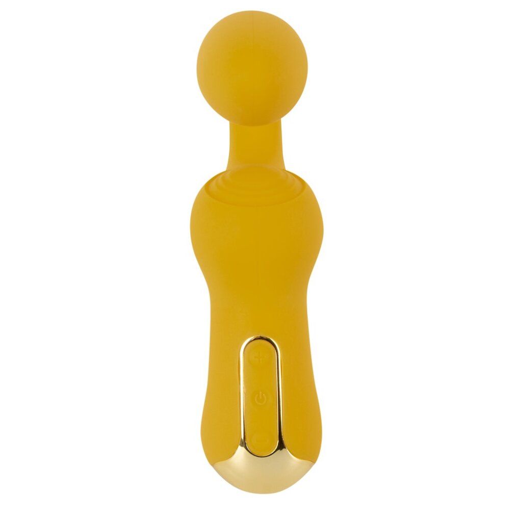 Gelber Vibrator mit zwei abgerundeten Spitzen. Unterteil mit Bedienfeld und goldfarbenem Abschluss.