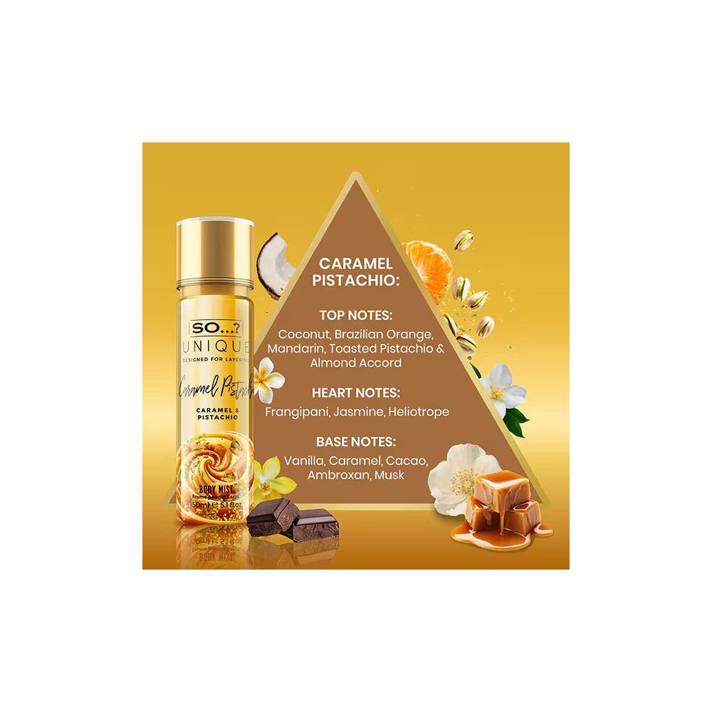 Körpernebel-Flasche mit goldener Kappe. Aufschrift: So Unique, Caramel & Pistachio. Zutaten und Noten in Dreiecksform.