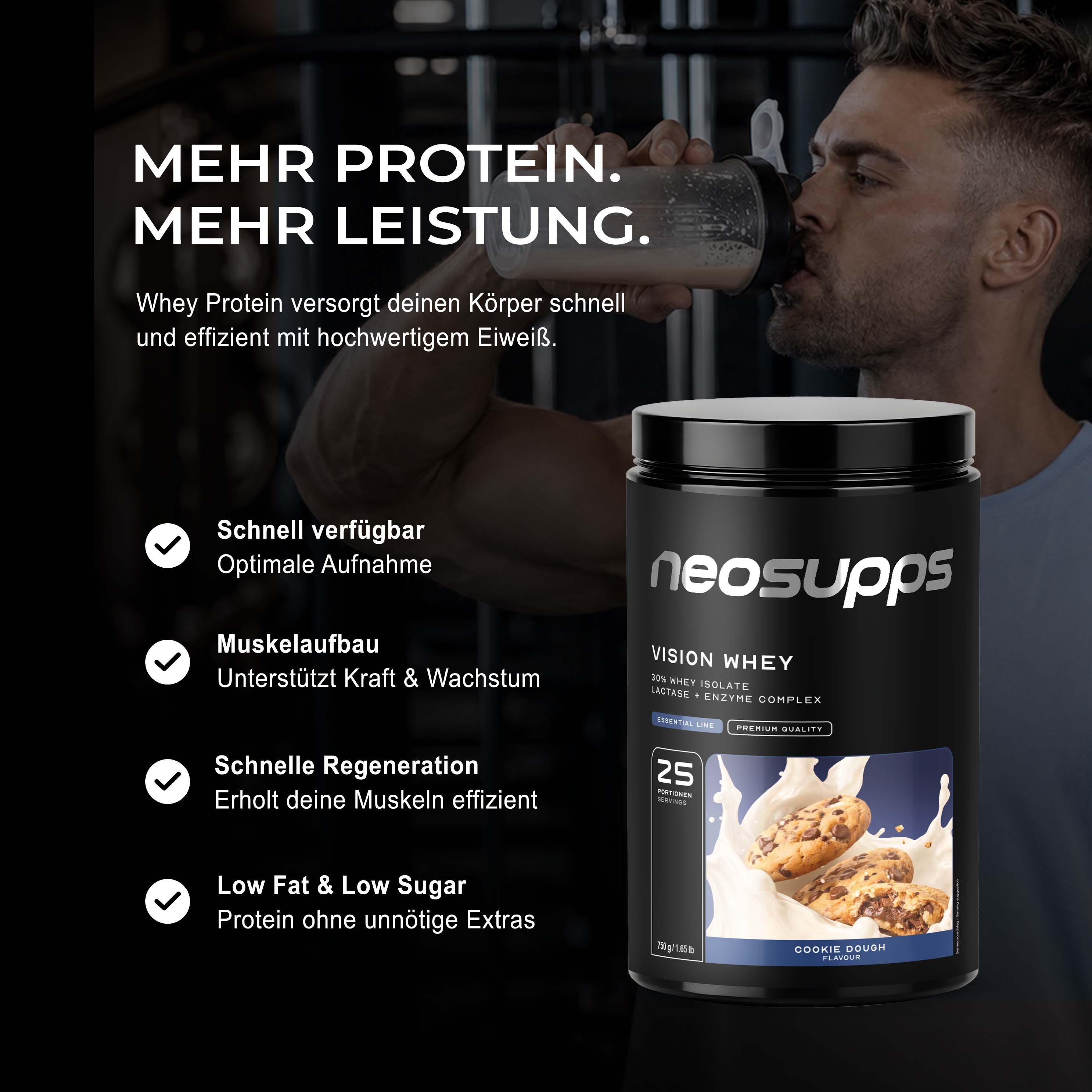 Mann trinkt Neosupps Vision Whey Protein Shake neben der Dose.